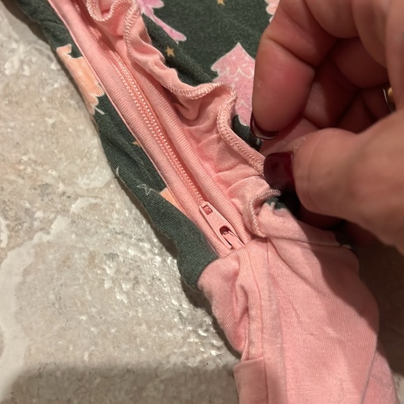 Poppy Kids Co Pink Christmas Tree Holiday Ruffle Bamboo Romper Pajamas - Picture 5 of 9